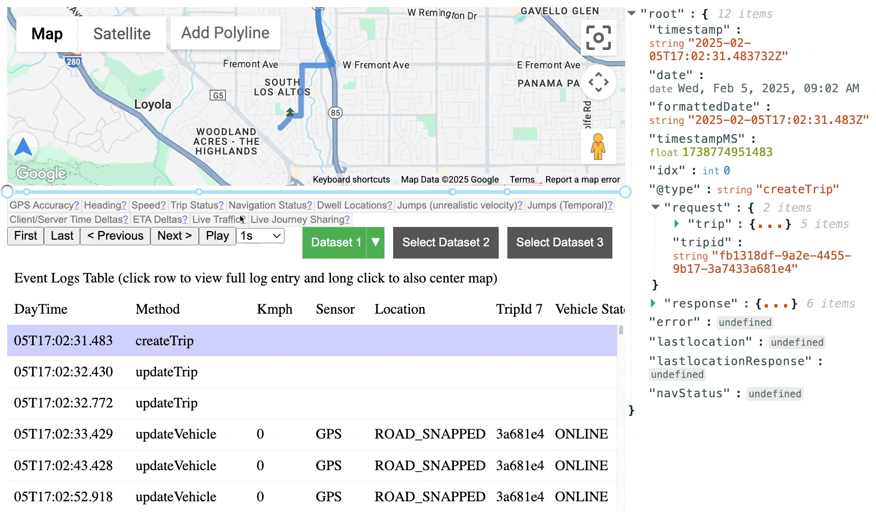 Fleet Debugger interface showing a map and log entries