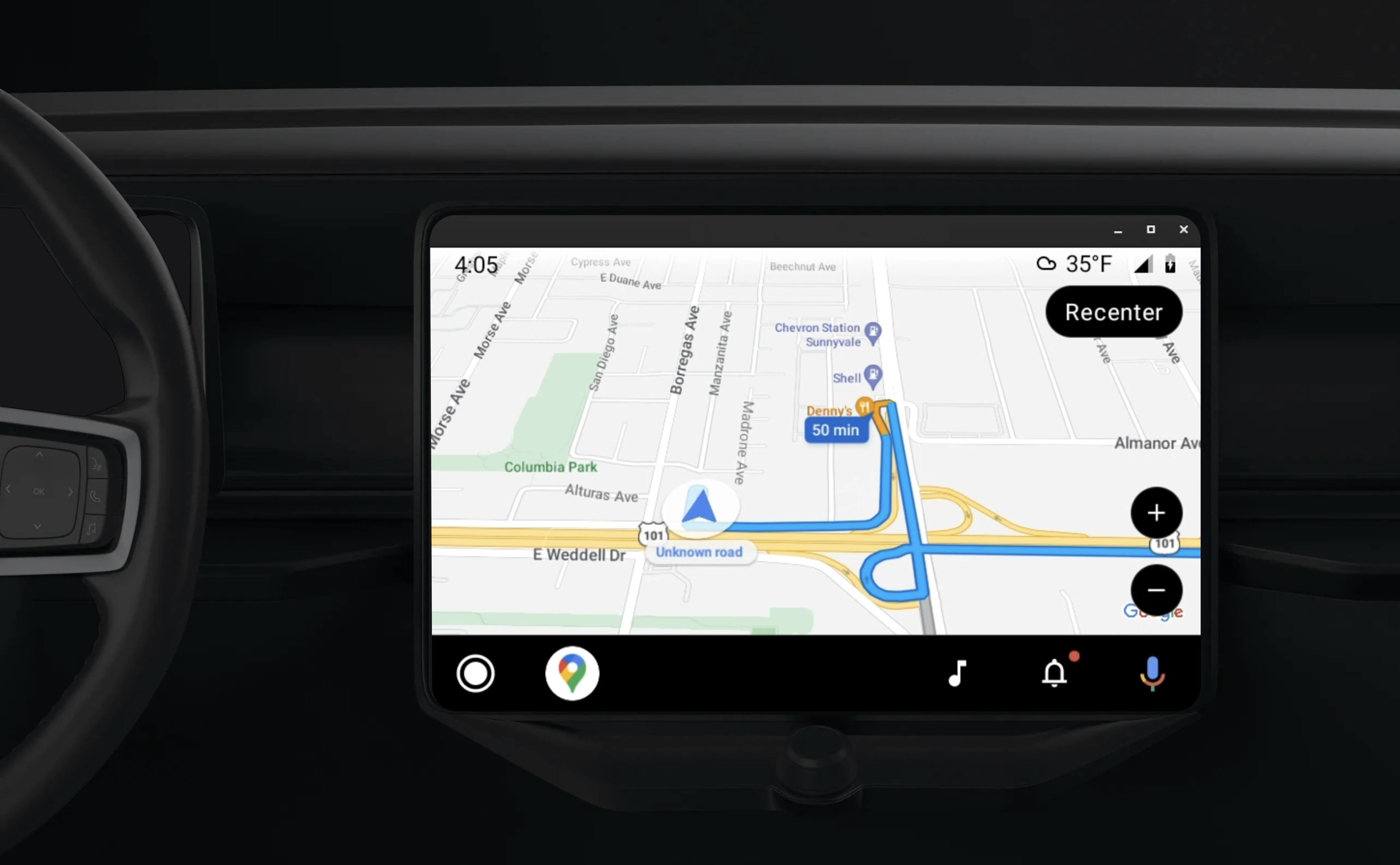 יחידה ראשית שמופיעה במקף שמציגה ניווט מודרך באמצעות אפליקציה שהופעלה ל-Android Auto.