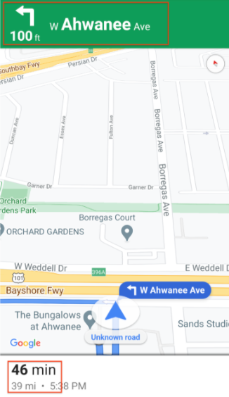 Layar perangkat seluler yang menampilkan belokan kiri berikutnya pada jarak 100 kaki di W Ahwanee
Ave. Di bagian bawah layar, waktu tersisa ke tujuan adalah 46 menit,
dan jarak yang tersisa adalah 39
mil.
