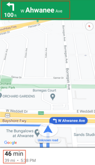 A mobile screen that displays an upcoming left turn in 100 feet onto W Ahwanee
Ave. At the bottom of the screen, time remaining to destination is 46 minutes,
and distance remaining is 39
miles.