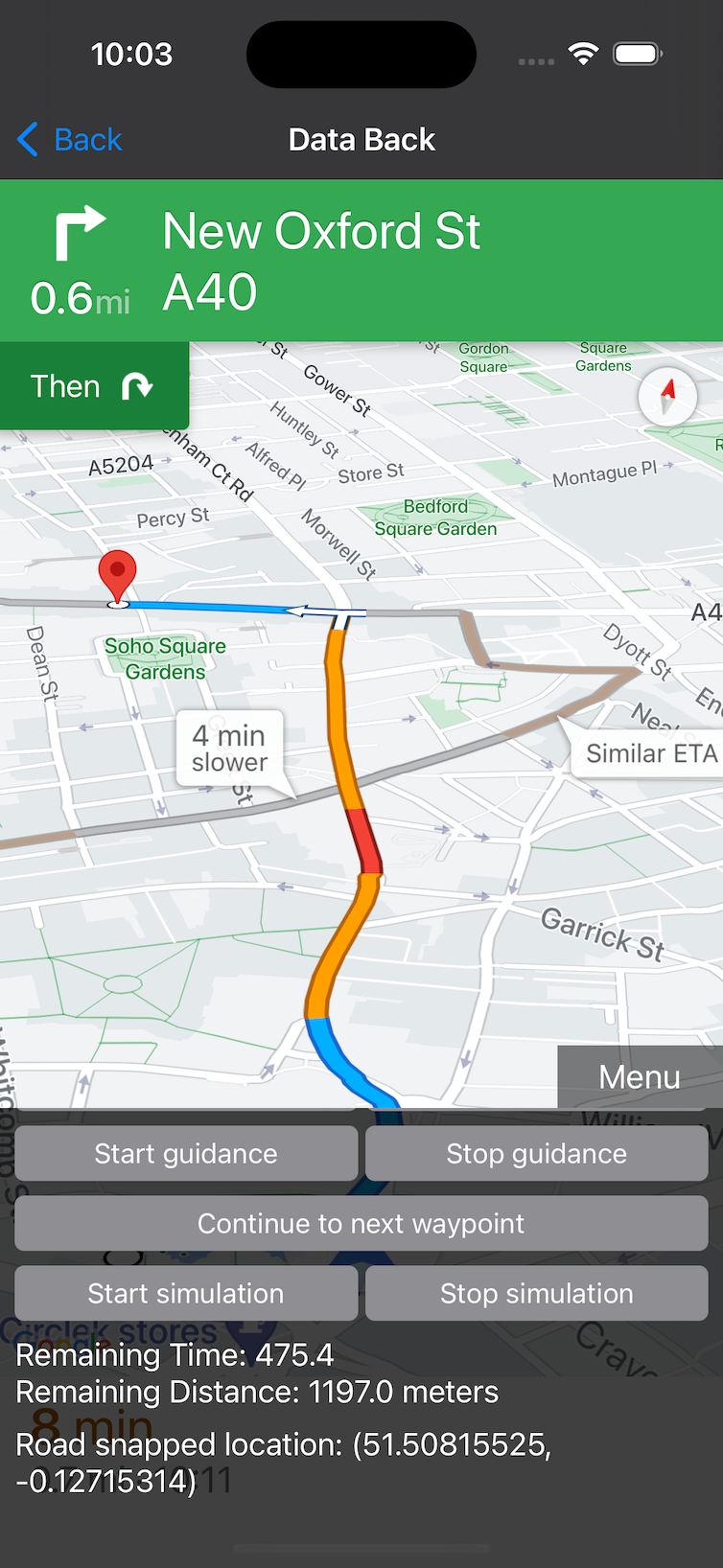 App de demostración que se ejecuta con la vista de mapa visible