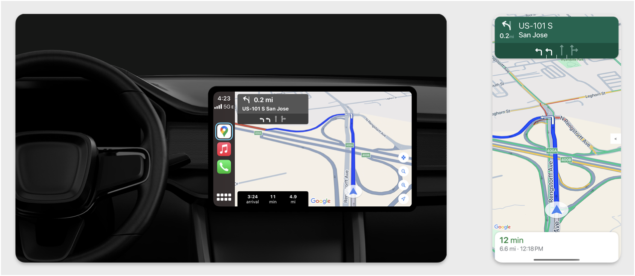 Las pantallas de navegación del teléfono y de CarPlay