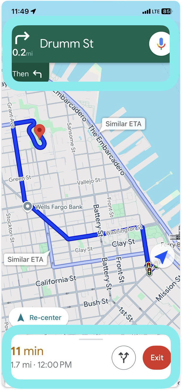 A mobile screen that displays an upcoming right turn in 50 feet onto Church
Street. At the bottom of the screen, time remaining to destination is 13
minutes, and distance remaining is 2.1
miles.