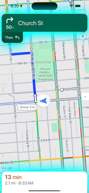 Uma tela de dispositivo móvel que mostra uma próxima curva à direita a 15 metros na Church Street. Na parte de baixo da tela, o tempo restante para chegar ao destino é de 13
minutos, e a distância restante é de 3,2
km.