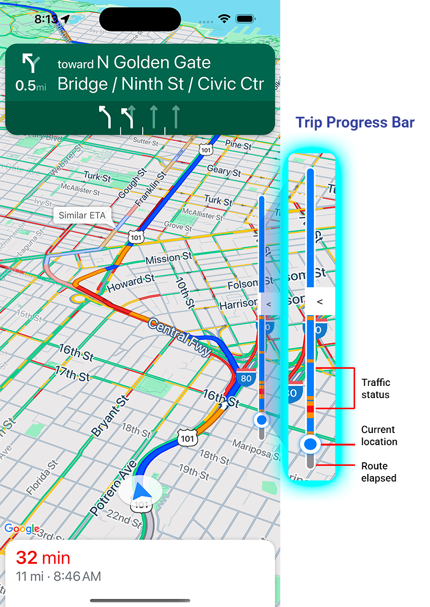 Die Fortschrittsanzeige der Fahrt wurde zur Navigation hinzugefügt.