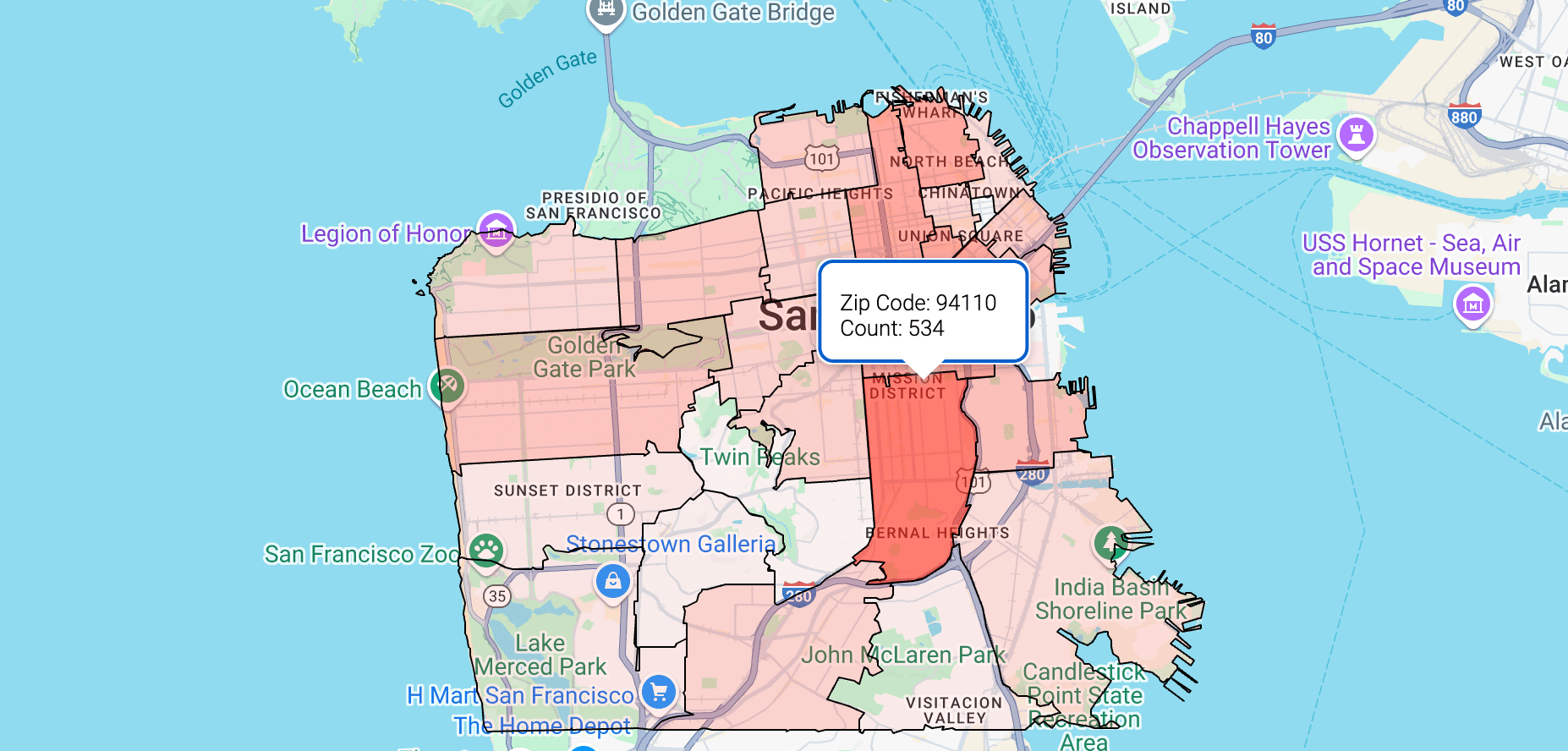 Un mapa de San Francisco y resultados de entretenimiento por código postal.