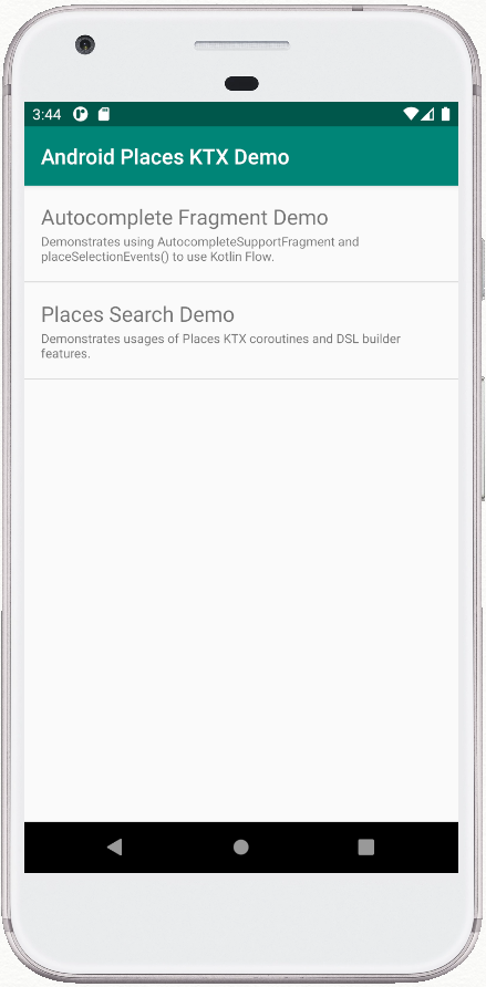 Pierwszy ekran przykładowej aplikacji Places KTX z opcjami wyboru