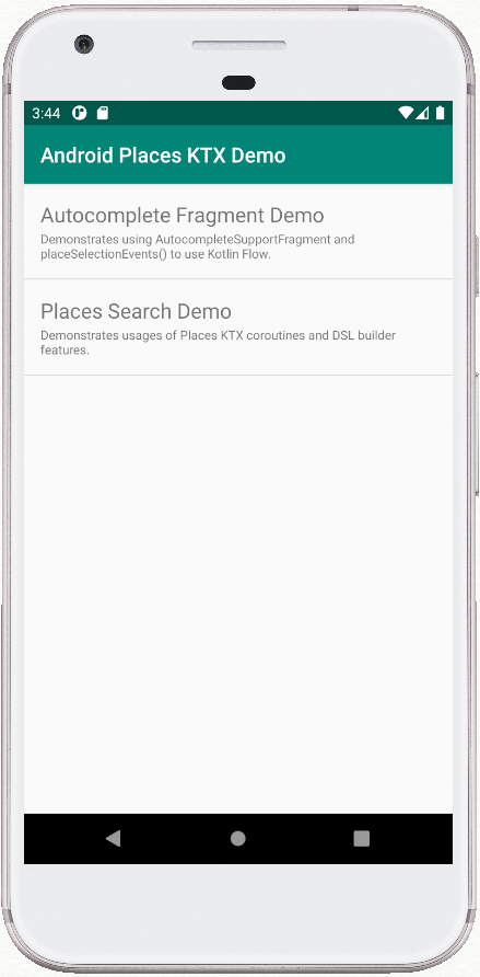 選択肢が表示された Places KTX サンプルアプリの最初の画面