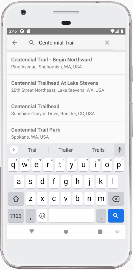 Ekran aplikacji Places Search w wersji demonstracyjnej