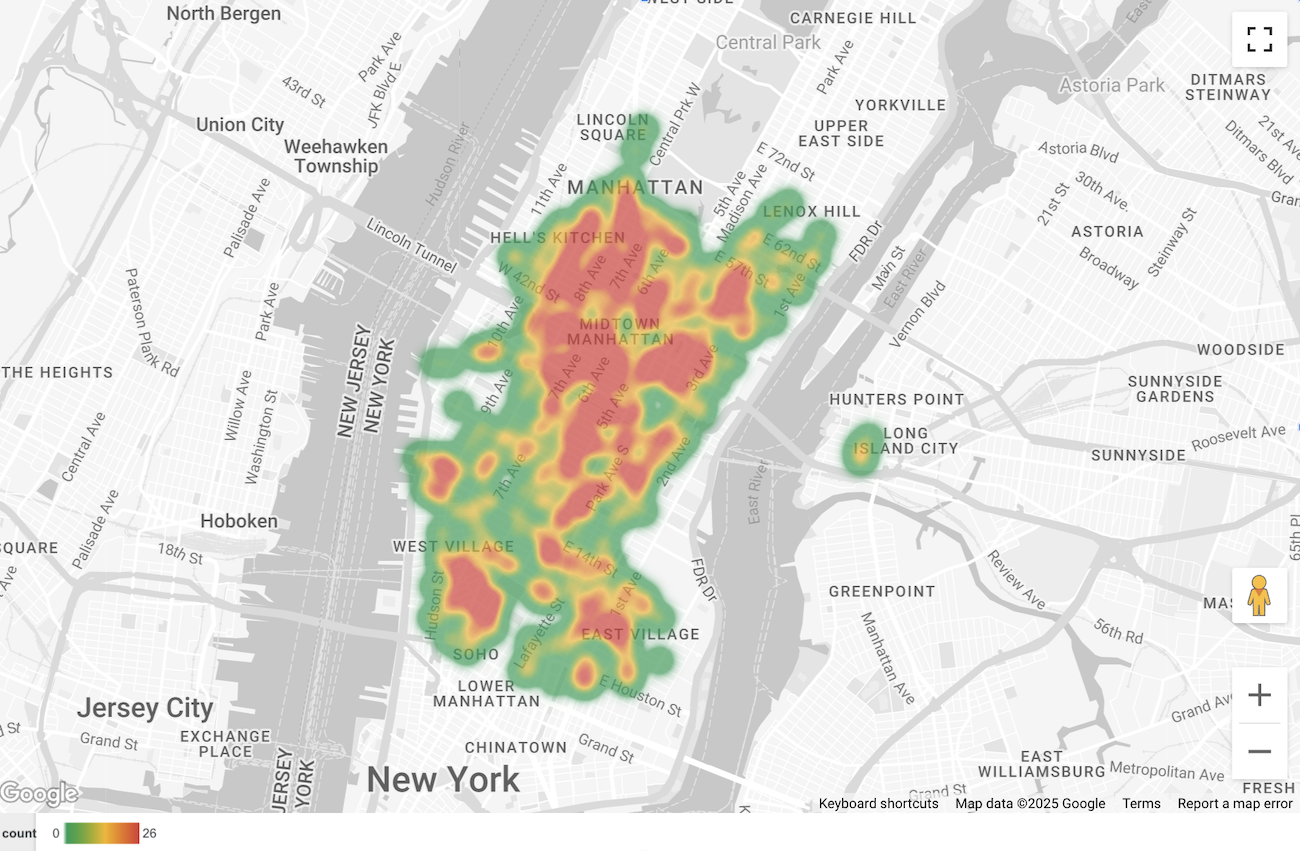 Résultats de la requête affichés sous forme de carte remplie et de carte de densité.