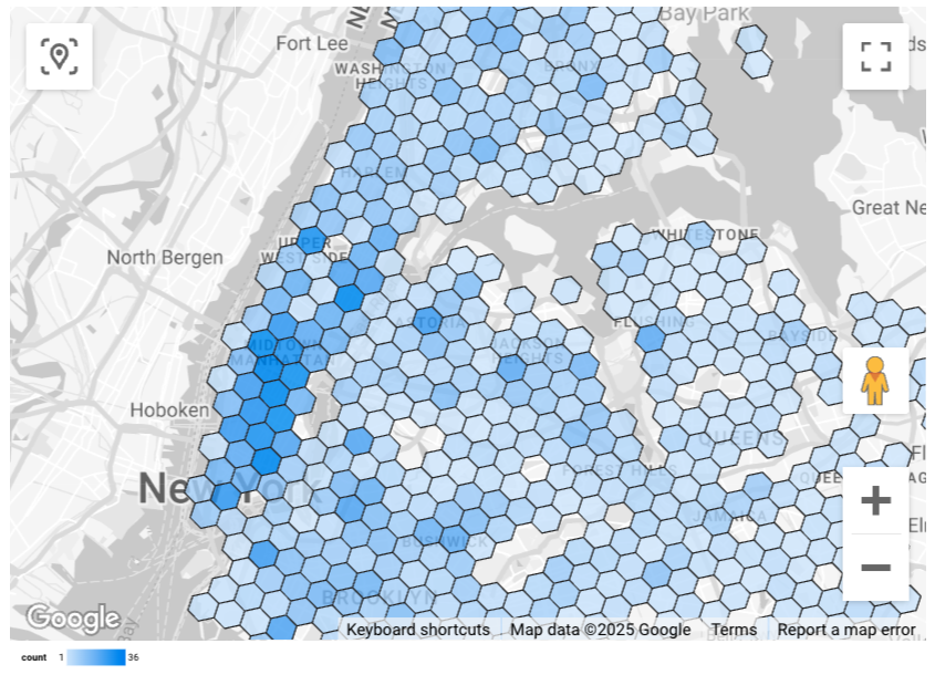 已填充的地图，用于过滤纽约市可供轮椅通行的便利店和杂货店。