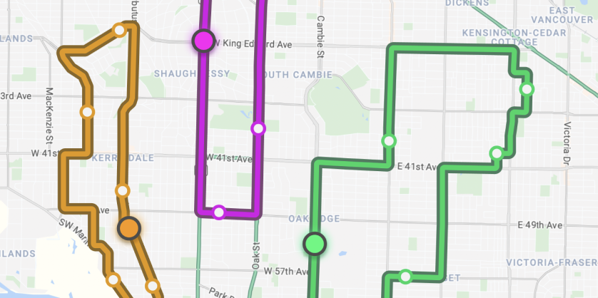 A screenshot of a map with three routes highlighted in different colors