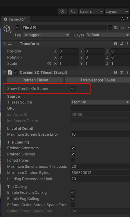 Cara mengaktifkan atribusi untuk Cesium untuk
Unity