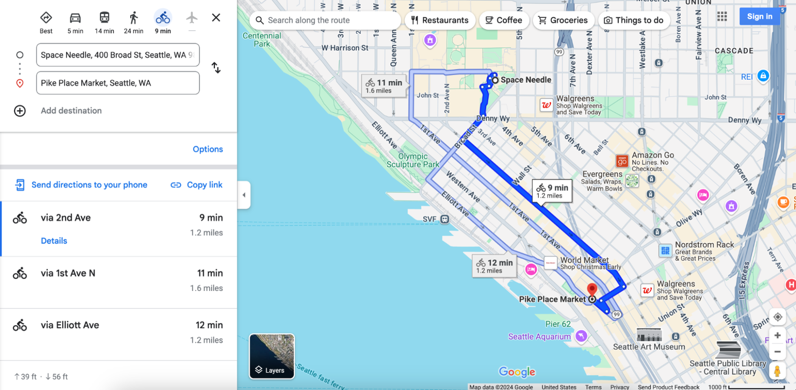 Mapa del destino Seattle