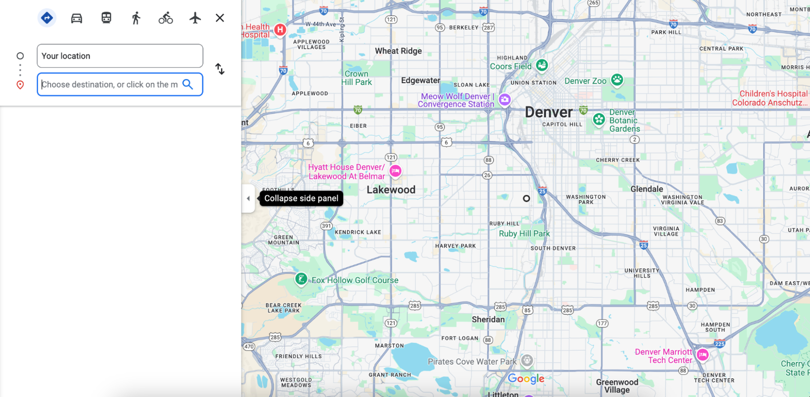 Carte du trajet entre le point de départ et la destination