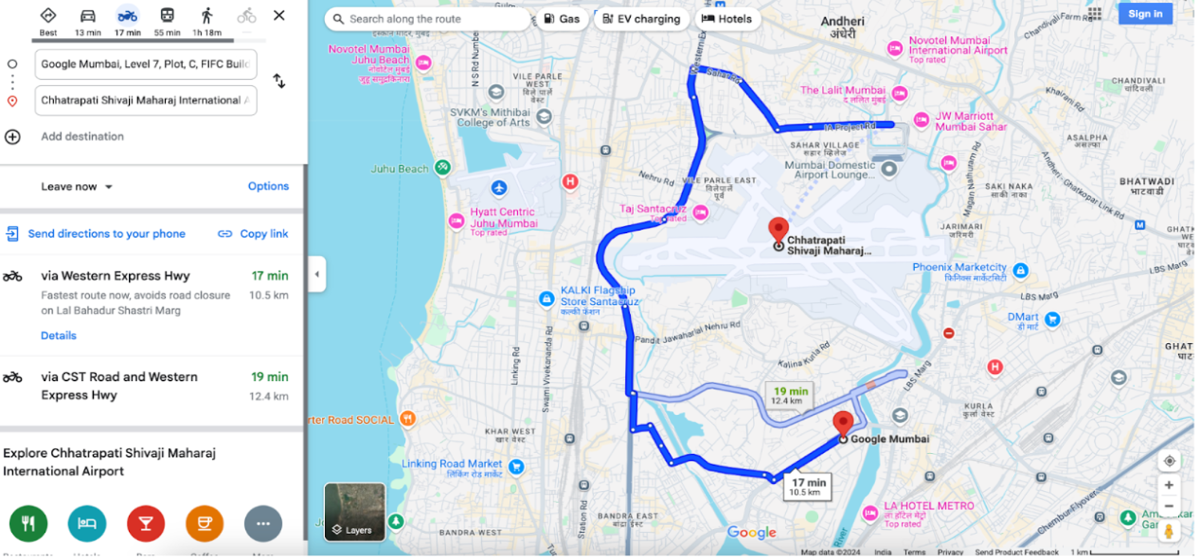 แผนที่สำหรับปลายทางสนามบินนานาชาติมุมไบ