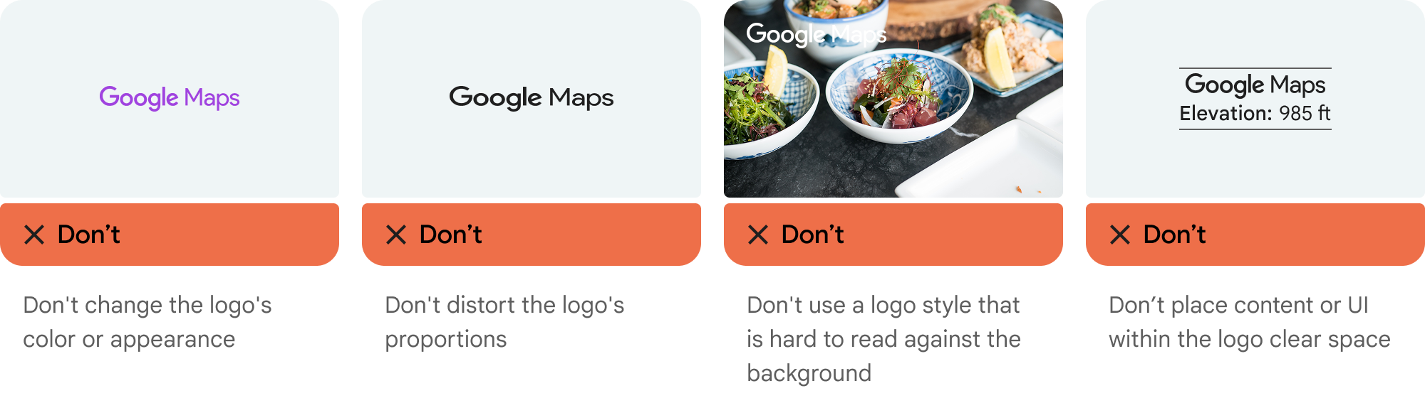 Variações inaceitáveis e problemas de acessibilidade para a atribuição do logotipo do Google Maps