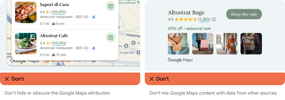 Don't obscure the Google Maps attribution or mix it with content from other sources