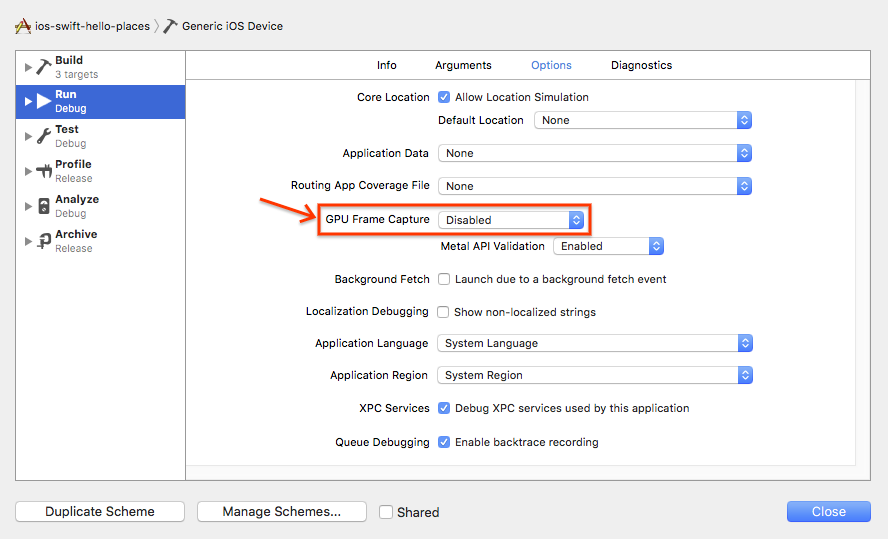 Option Capture d'image GPU Xcode sur la page générique d'un appareil iOS