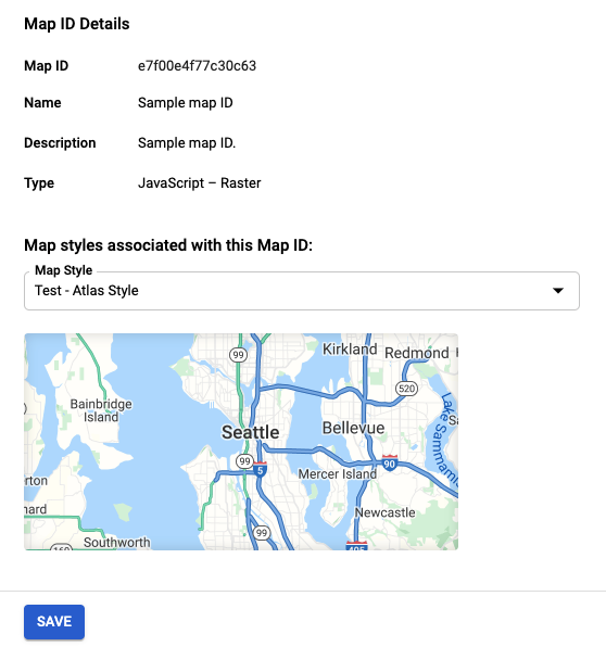 لقطة شاشة تعرض صفحة التفاصيل لمعرِّف خريطة واحد، بما في ذلك حقل القائمة المنسدلة الذي يسمح للمستخدمين بربط نمط الخريطة برقم تعريف الخريطة هذا.