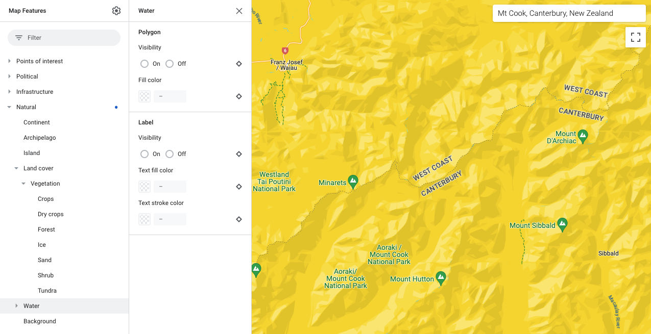 Map showing all Natural map features are yellow