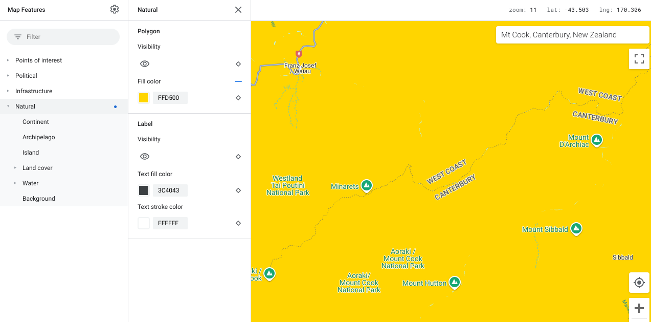 Mapa mostrando elementos do tipo &quot;Naturais&quot;, todos amarelos