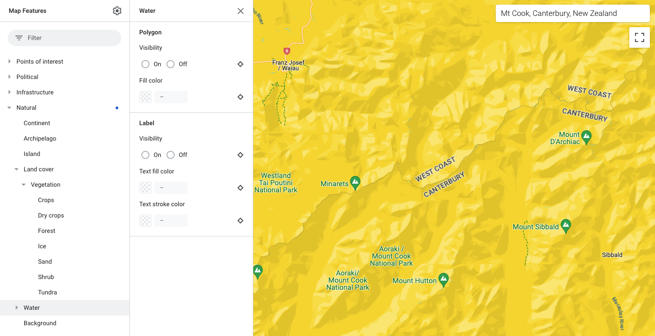 Mappa che mostra tutti gli elementi della mappa di tipo naturale in giallo