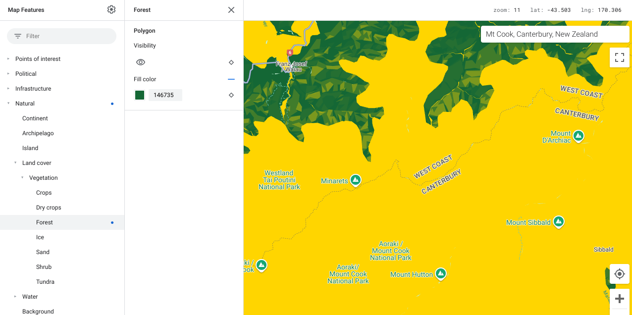 Mappa che mostra gli elementi della mappa di una foresta in verde