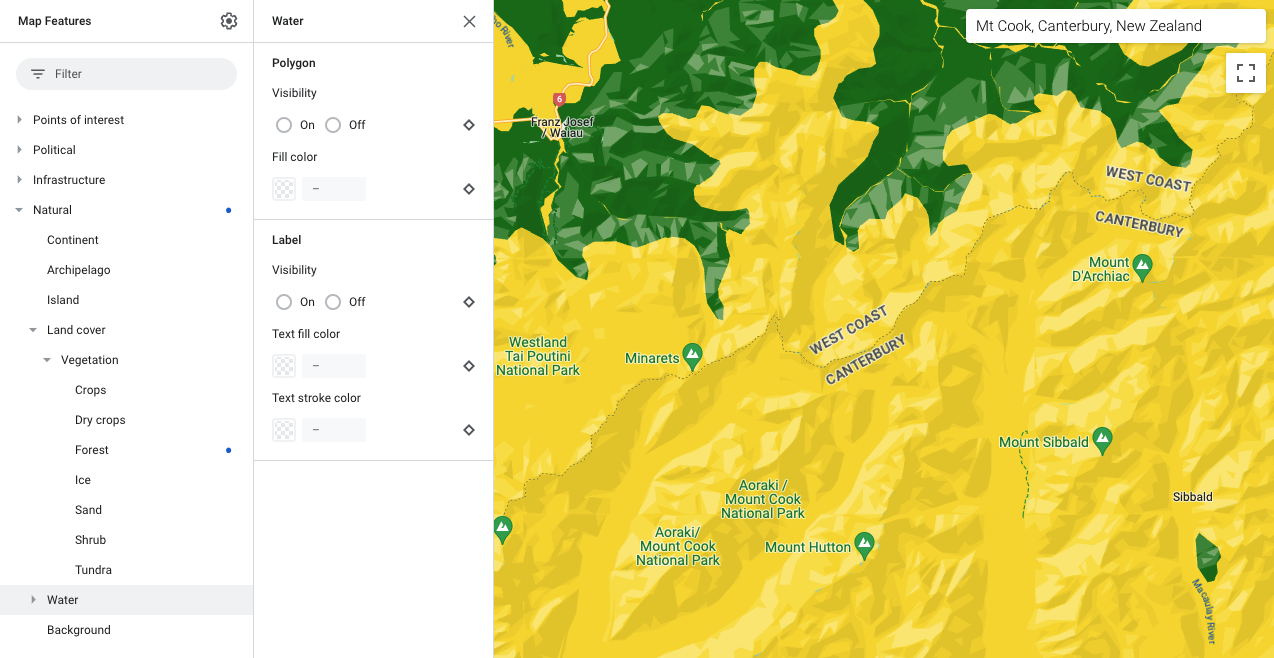 Mapa mostrando os elementos do tipo &quot;Floresta&quot; em verde