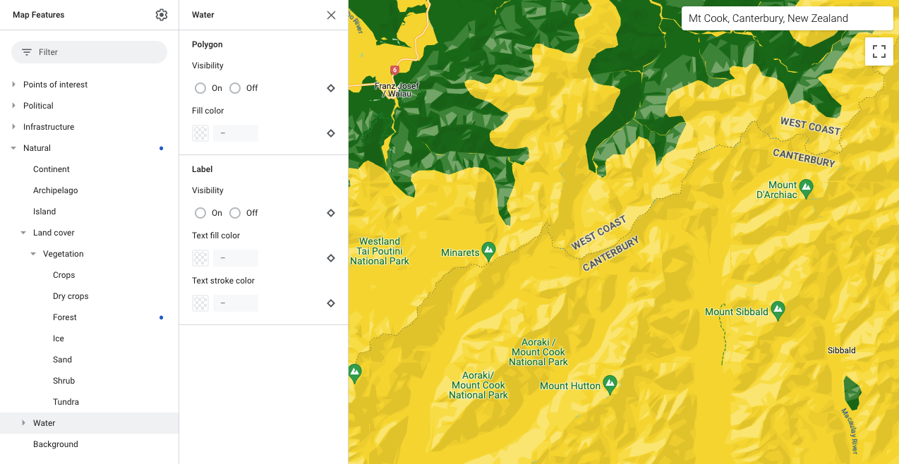 Mappa che mostra gli elementi della mappa della foresta in verde