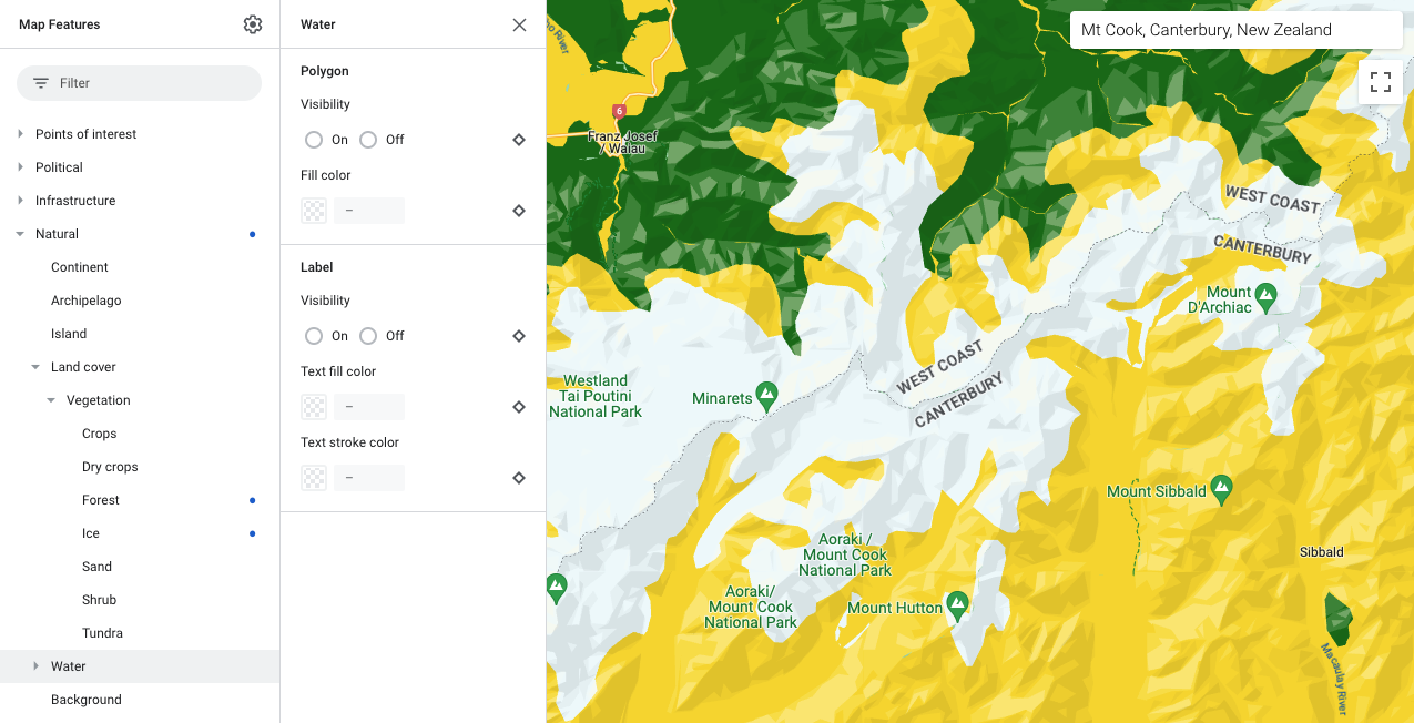 Mapa, na której obiekty na mapie lodu są w kolorze jasnoniebieskim