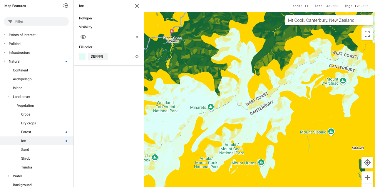 Mappa che mostra gli elementi della mappa di ghiaccio in verde acqua chiaro