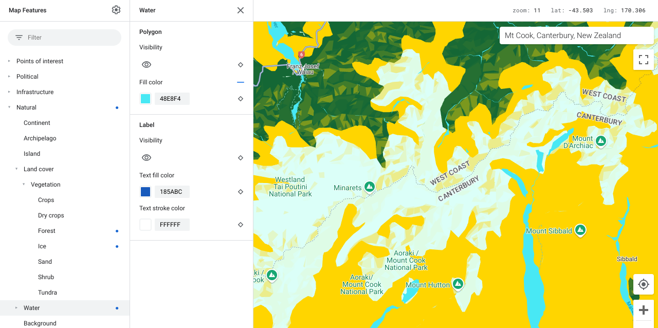 Mapa en el que se muestran los componentes del mapa de agua en aguamarina