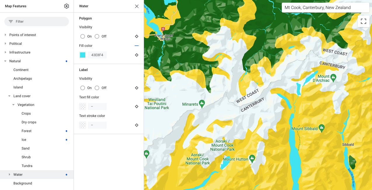 地图中“水域”地图项显示为湖水绿
