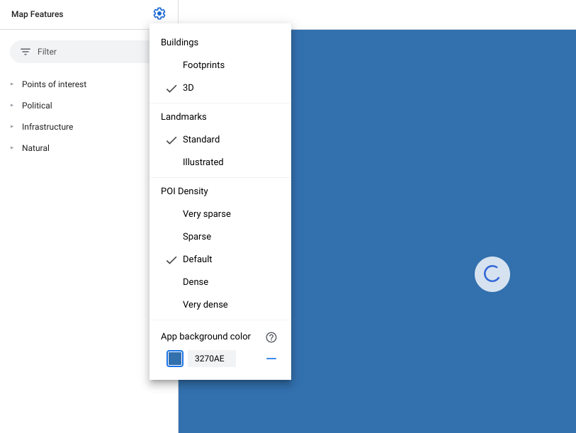 Menú de configuración con la opción Color de fondo de la app destacada con un cuadrado azul. La configuración del color de fondo de la app tiene la opción de usar el selector de color o ingresar una cadena hexadecimal.