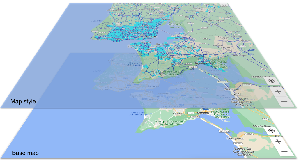 La mappa di base con un overlay di stile mappa in alto, che mostra gli elementi di stile delle aree urbane in verde acqua e le reti stradali in blu