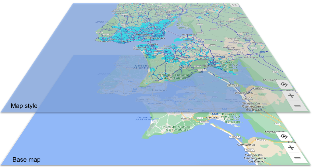 الخريطة الأساسية مع تراكب نمط الخريطة في الأعلى، مع إظهار عناصر نمط المناطق الحضرية المائية وشبكات الطرق الزرقاء