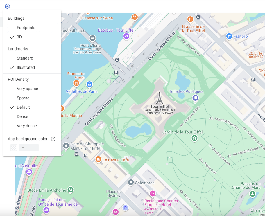 一张显示 3D 建筑的巴黎地图