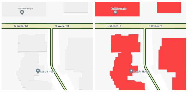 Два скриншота карты с пользовательским стилем, увеличенной до уровня масштабирования 19. Слева здания показаны в трехмерном виде с легкими тенями по некоторым сторонам. Справа здания окрашены в темно-красный цвет без объема или теней.