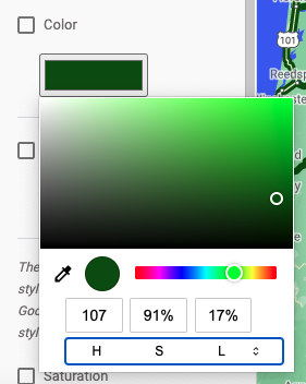 Detail screenshot yang menunjukkan pemilih warna. Pemilih saturasi dan kecerahan persegi panjang berada di atas, diikuti pemilih rona kecil yang menampilkan spektrum dari merah, ungu, biru, hijau, kuning, dan oranye. Di bawahnya terdapat kolom angka untuk memasukkan nilai warna, dan di bawahnya lagi ada panel untuk memilih jenis nilai yang akan dimasukkan: kode RGB, HSL, atau HEX.