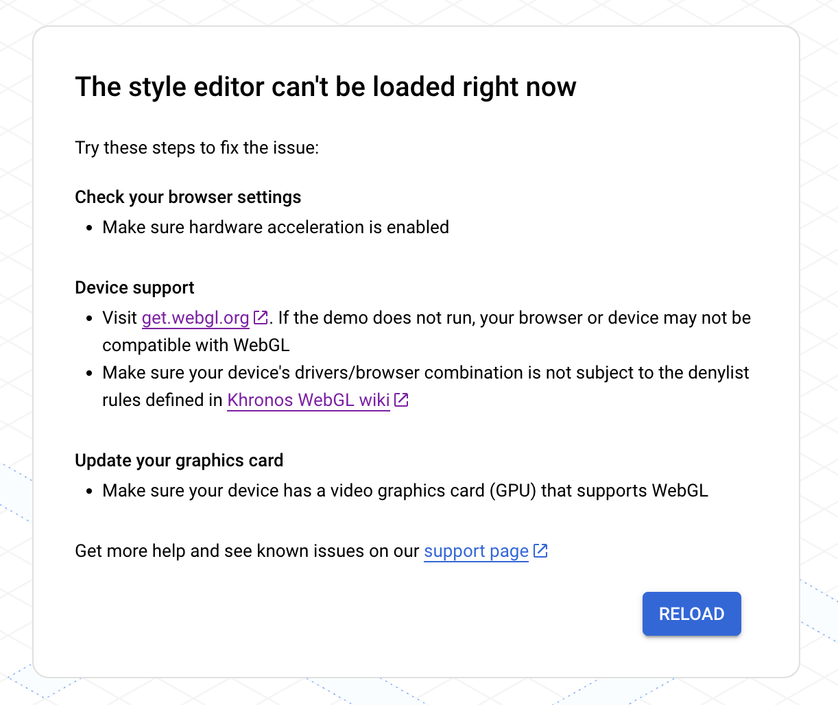 نمونهای از پیامی که میگوید ویرایشگر سبک در حال حاضر قابل بارگیری نیست، به همراه چند مرحله برای رفع مشکل.