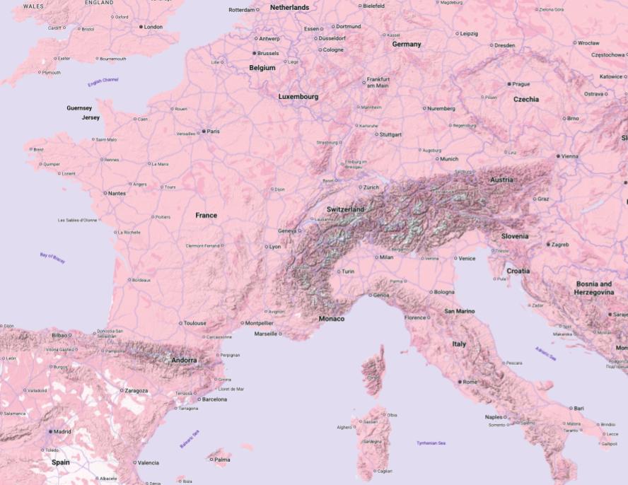 Um mapa de relevo da França e de Mônaco com água e terra em rosa.