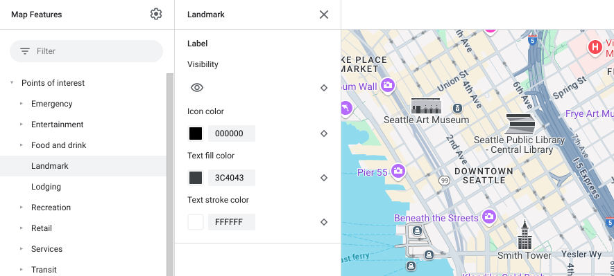 Un mapa del centro de Seattle con íconos distintivos de lugares de interés y el panel de elementos para activar o desactivar la visibilidad, el color de los íconos y el color del texto.