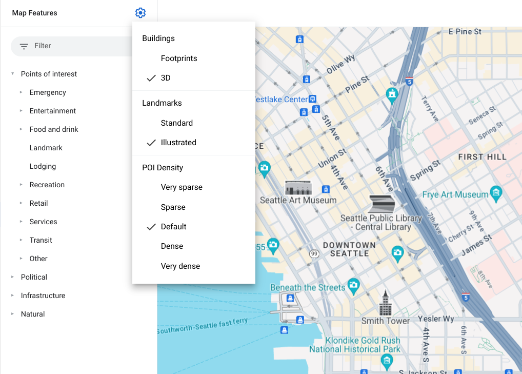 顯示西雅圖市中心的地圖，有顯眼的搜尋點圖示：小型黑白線條藝術插圖，像是史密斯塔。這些標記大約是標準搜尋點標記大小 (含標記背景) 的兩到三倍。