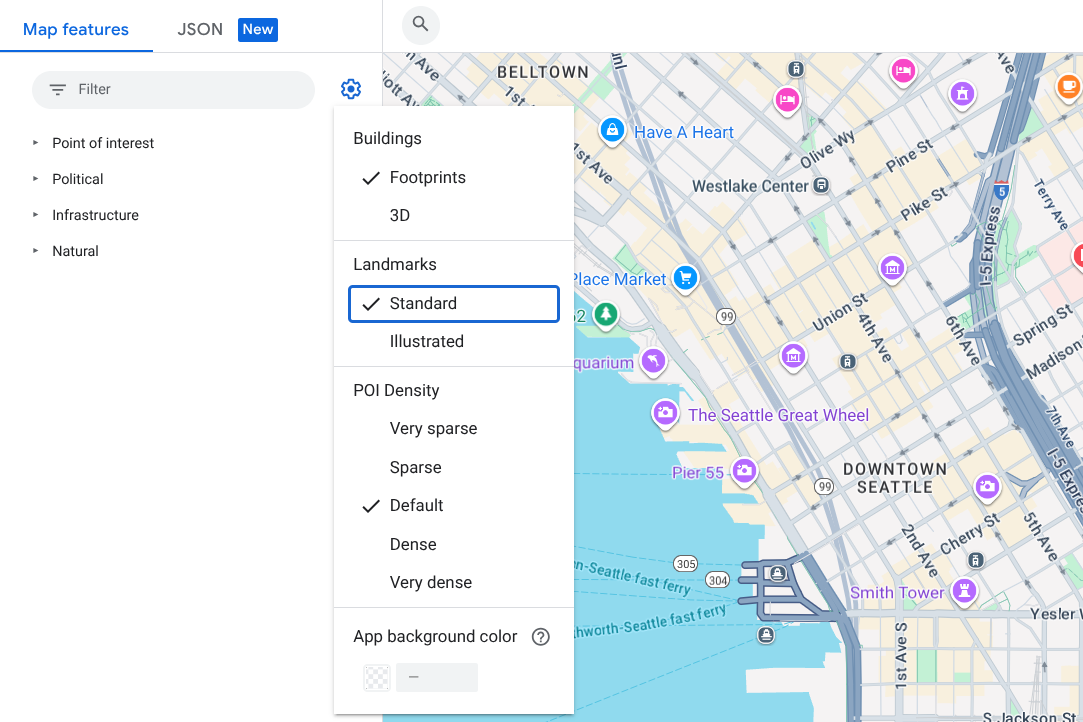 แผนที่ย่านใจกลางเมืองซีแอตเทิลแสดงไอคอนจุดที่น่าสนใจมาตรฐานของ Google ซึ่งเป็นไอคอนสีขาวขนาดเล็กบนรูปหยดน้ำสีเขียวอมฟ้าเหนือสถานที่สำคัญ เช่น พิพิธภัณฑ์ศิลปะและตึกสมิธ