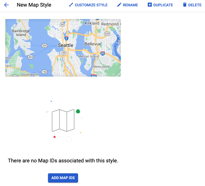 Screenshot halaman utama untuk suatu gaya peta yang menampilkan nama peta, kontrol untuk menyesuaikan atau mengganti nama atau menduplikasi atau menghapus gaya, gambar yang menunjukkan gaya yang diterapkan ke area yang dipetakan, serta pemberitahuan yang menyatakan bahwa tidak ada ID peta yang dikaitkan dengan gaya ini dan sebuah tombol berlabel &#39;Add Map IDs&#39;.