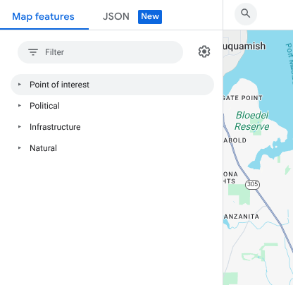 “地图项”面板，其中包含一个过滤条件框，以及用于展开“地图注点”“政治”“基础设施”和“自然”父项的展开按钮。