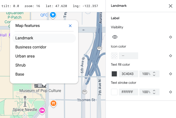 The Landmark map feature is selected in the map inspector and the Map Features panel expands to show the customizable style elements.