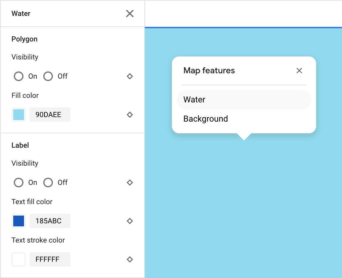 L&#39;inspecteur de carte pour l&#39;eau liste les éléments cartographiques de type &quot;Eau&quot; et d&#39;arrière-plan. L&#39;élément &quot;Eau&quot; est sélectionné, et le volet correspondant se développe pour afficher les options de personnalisation des polygones et des libellés.