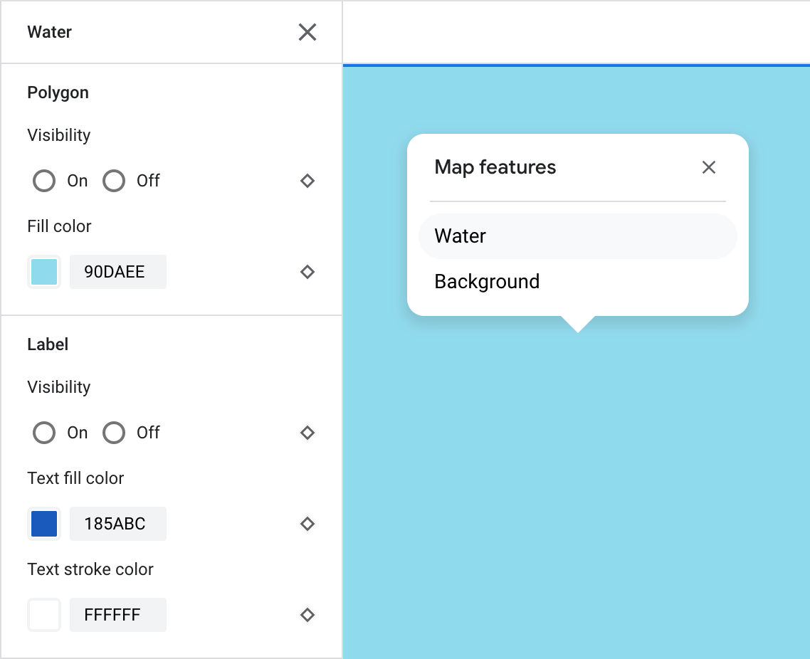 水域的地图检查器列出了水域地图项和背景地图项。已选择“水域”和相应的元素窗格，其中显示“多边形”和“标签”自定义选项。